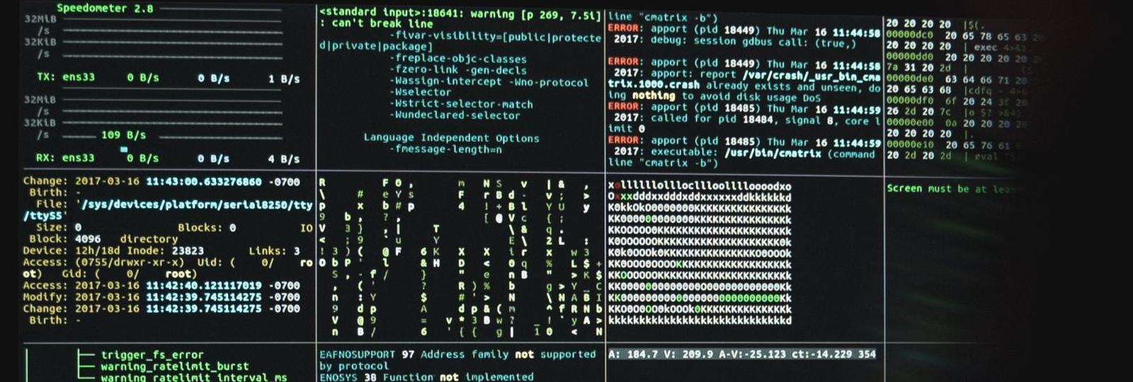 Terminal Linux affichant des outils de supervision réseau et système